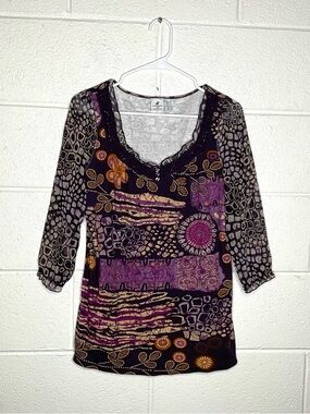 < Caribbean Joe Mixed Pattern Sheer Sleeve Top >